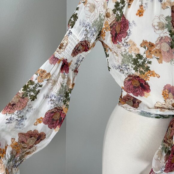 NICHOLAS Womens 2 Sheer Ivory Floral Print Smocked Top Long Sleeve Blouse Shirt - Picture 9 of 16